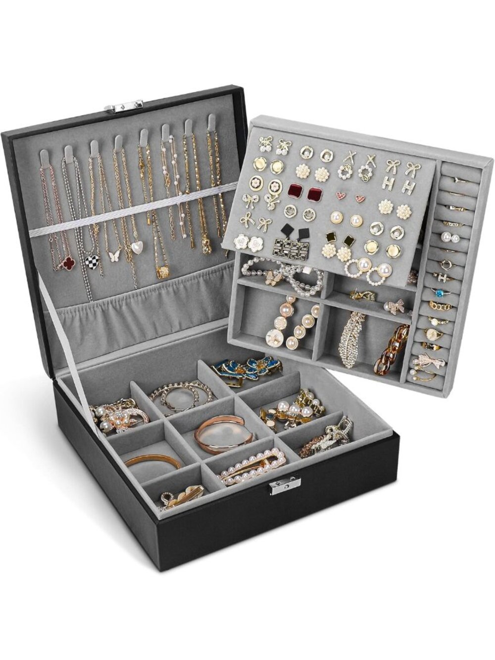 Stylish 2-Layer Jewelry Organizer Box with Lock - PU Leather Storage for